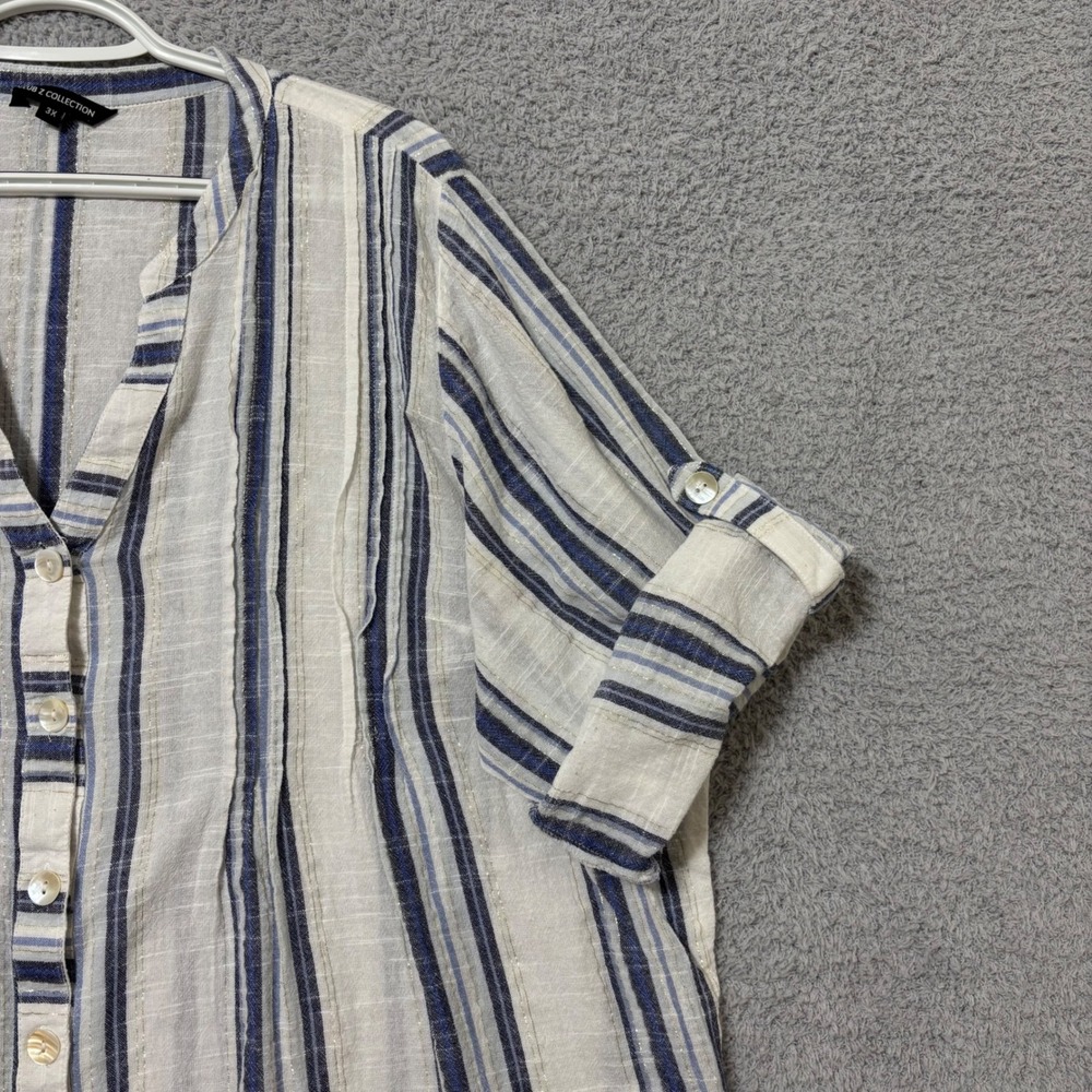 Comfortable Cotton Blend Blouse Roll Tab Sleeve Lightweight Blue Stripe 3X - Picture 6 of 9